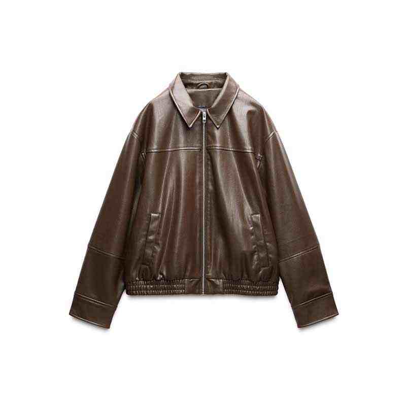Women’s Loose Lapels Leather Coat - Brown / XS