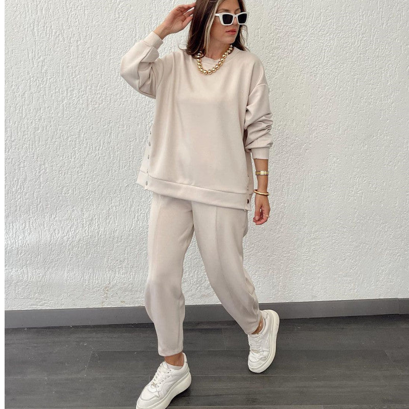 Metal Button Long Sleeve Shirt Sports Casual Ankle Banded Pants Suit - Almond White / S