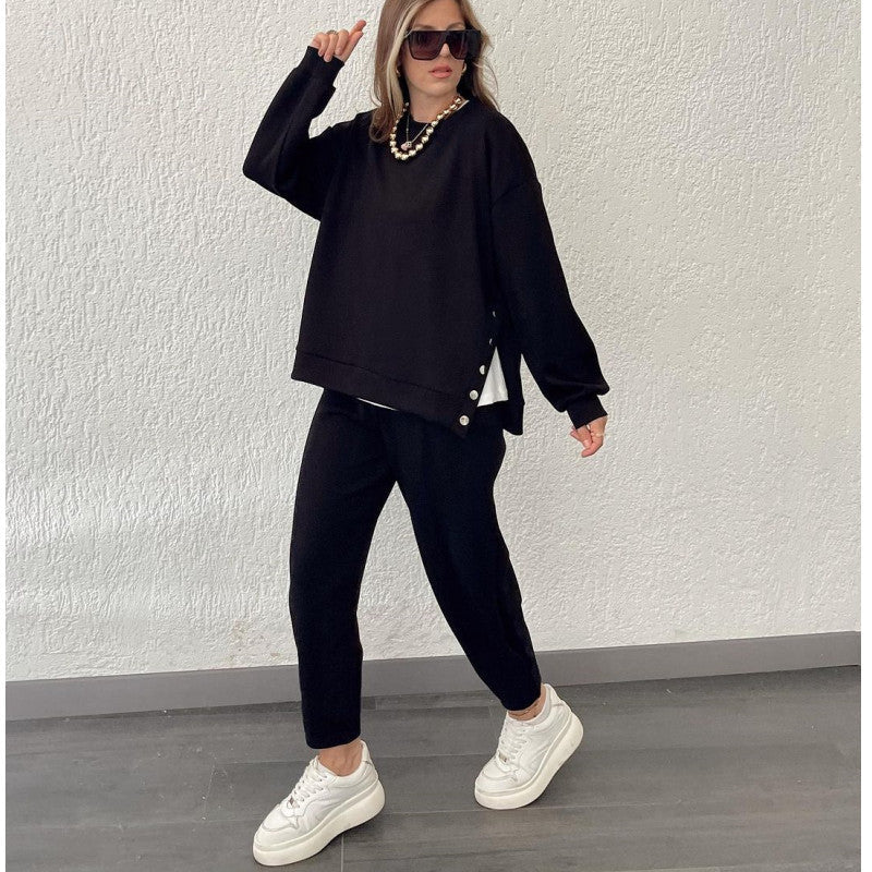 Metal Button Long Sleeve Shirt Sports Casual Ankle Banded Pants Suit - Black / S
