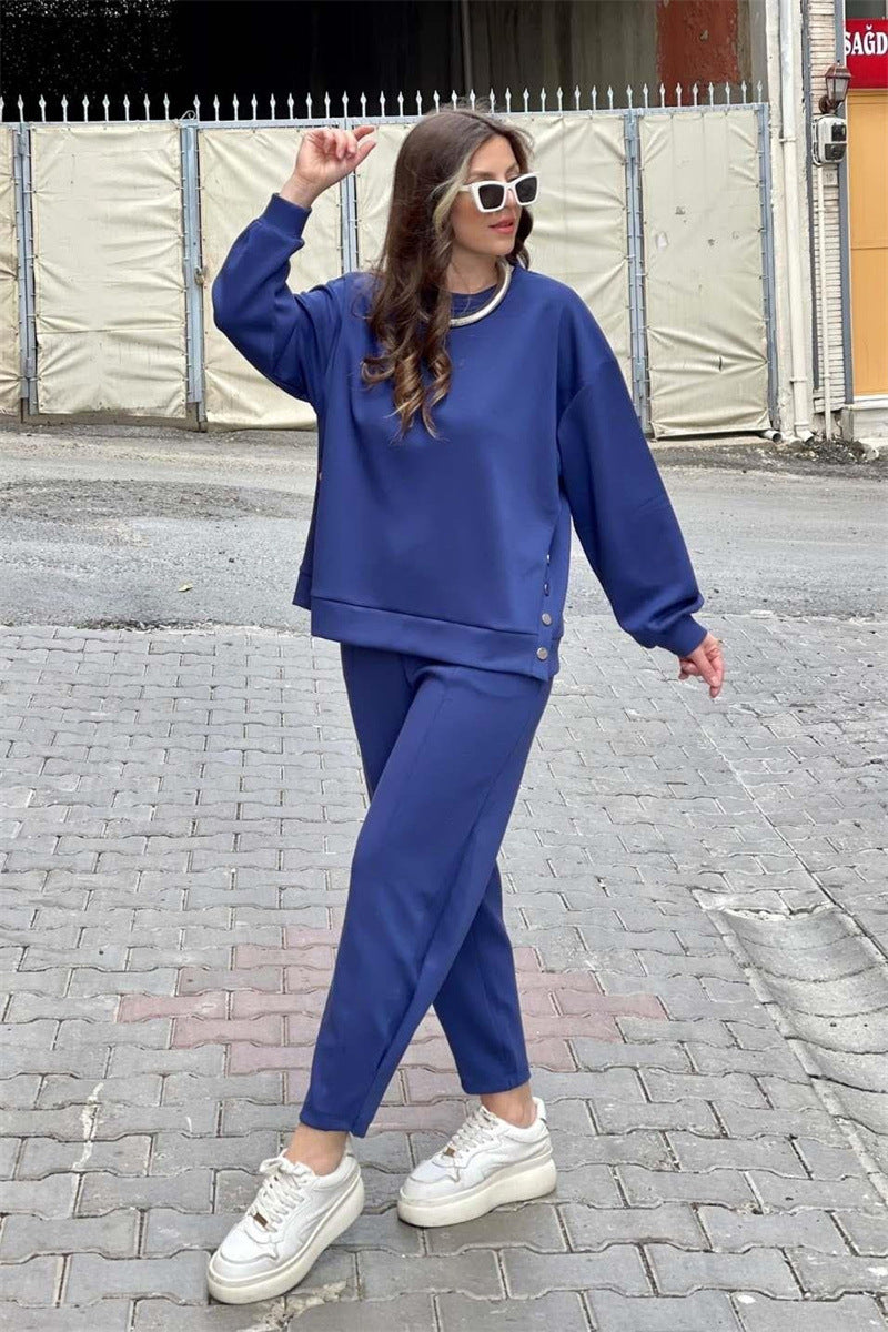 Metal Button Long Sleeve Shirt Sports Casual Ankle Banded Pants Suit - Blue / S