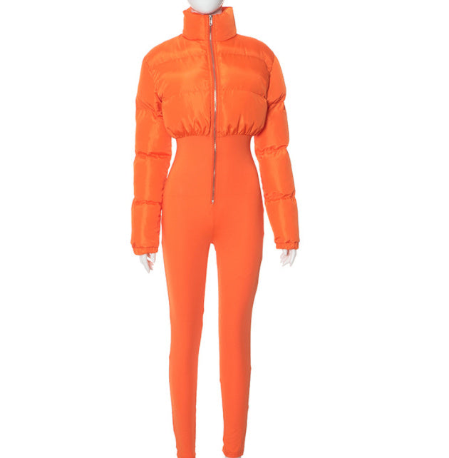 Cotton-padded Stretch Tight Jumpsuit Slim Short Jacket - Orange long style / L