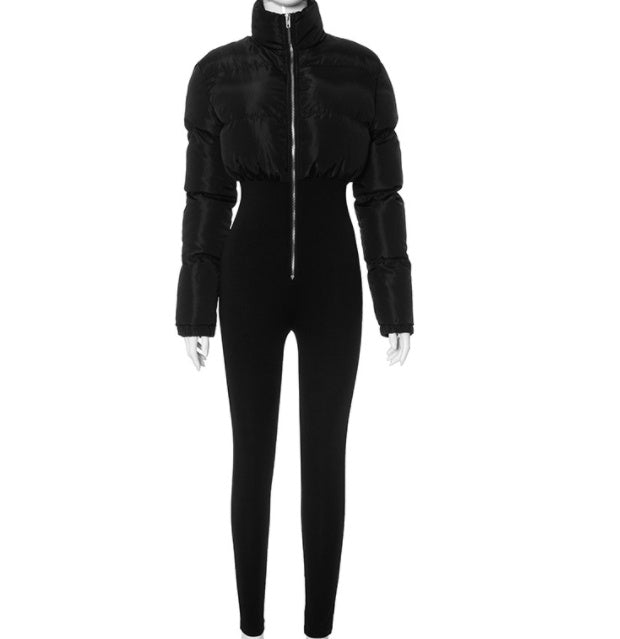 Cotton-padded Stretch Tight Jumpsuit Slim Short Jacket - Black long style / L