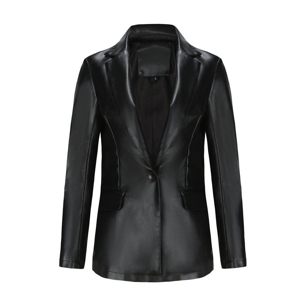 Single Button Commute Leisure Solid Color Leather Coat - Black / S