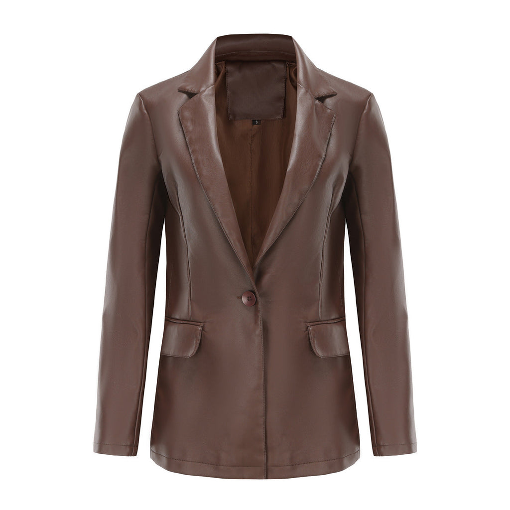 Single Button Commute Leisure Solid Color Leather Coat - Brown / S