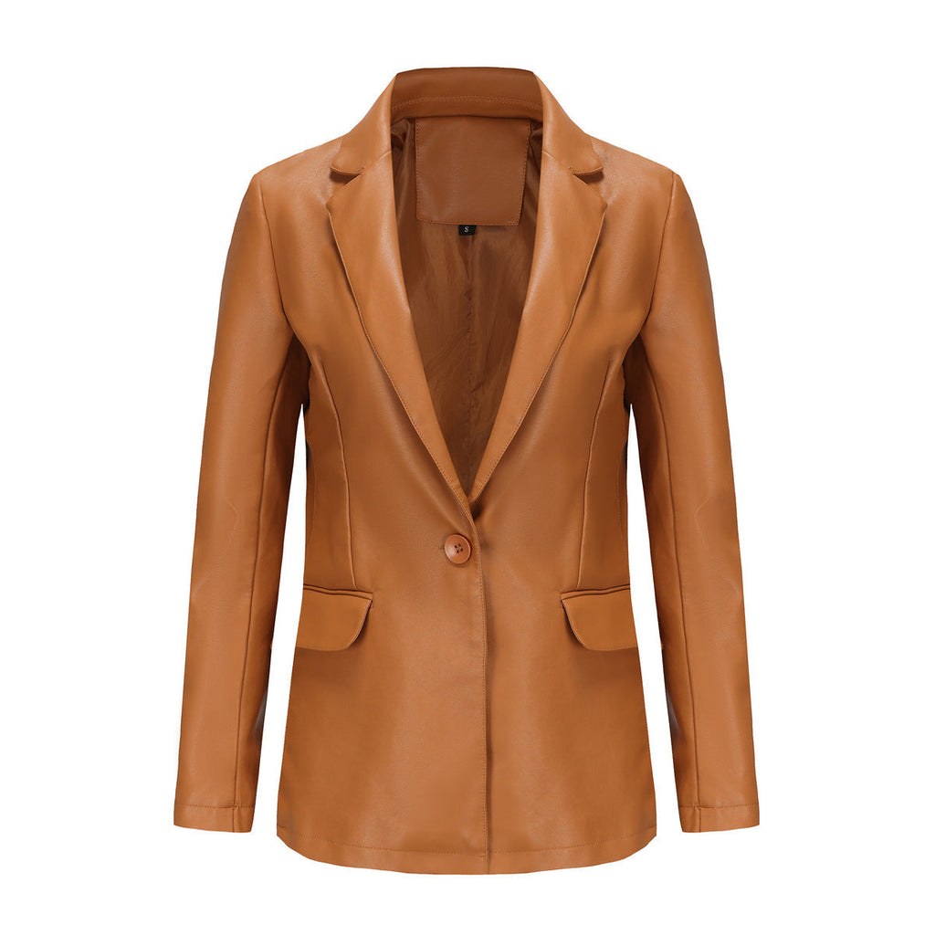 Single Button Commute Leisure Solid Color Leather Coat - Camel / S