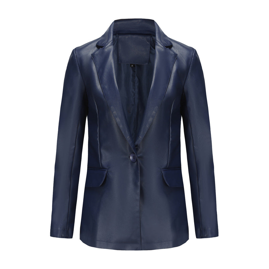 Single Button Commute Leisure Solid Color Leather Coat - Dark Blue / S