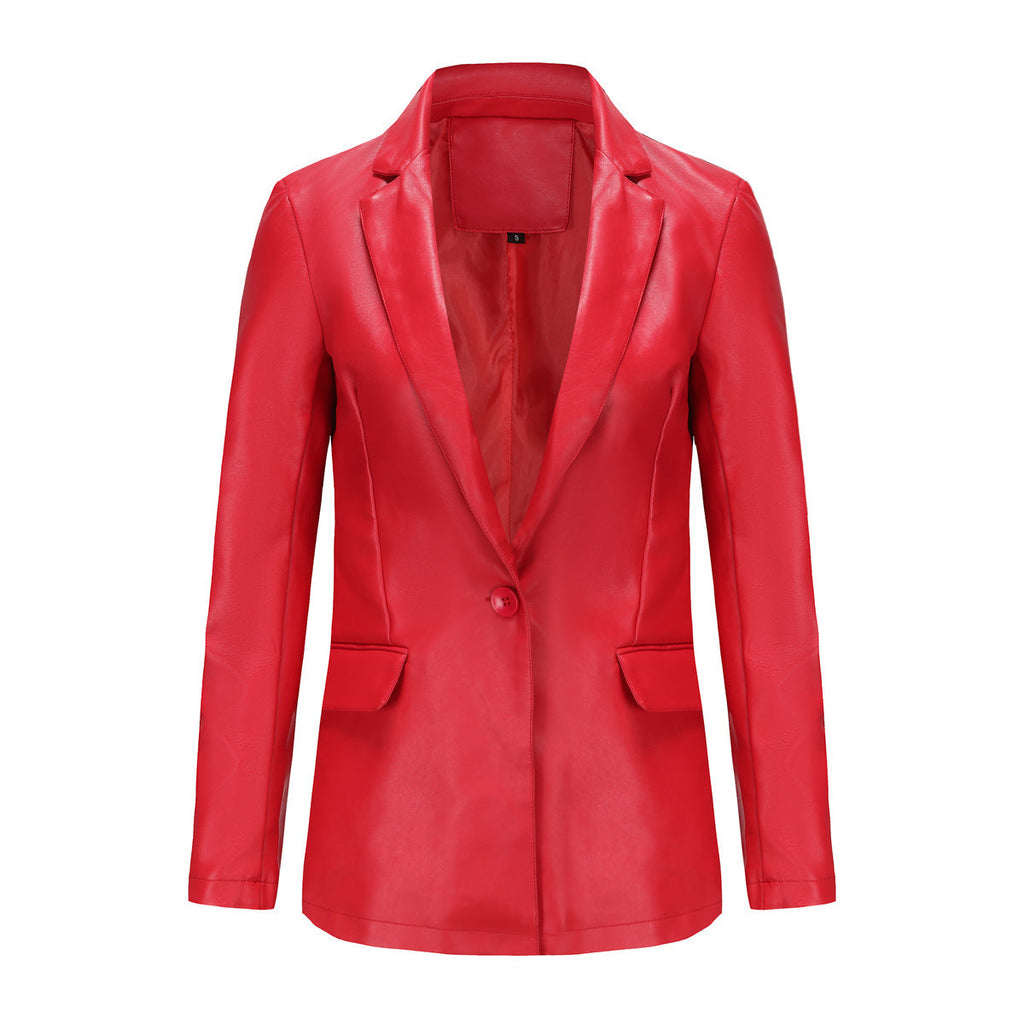 Single Button Commute Leisure Solid Color Leather Coat - Red / S