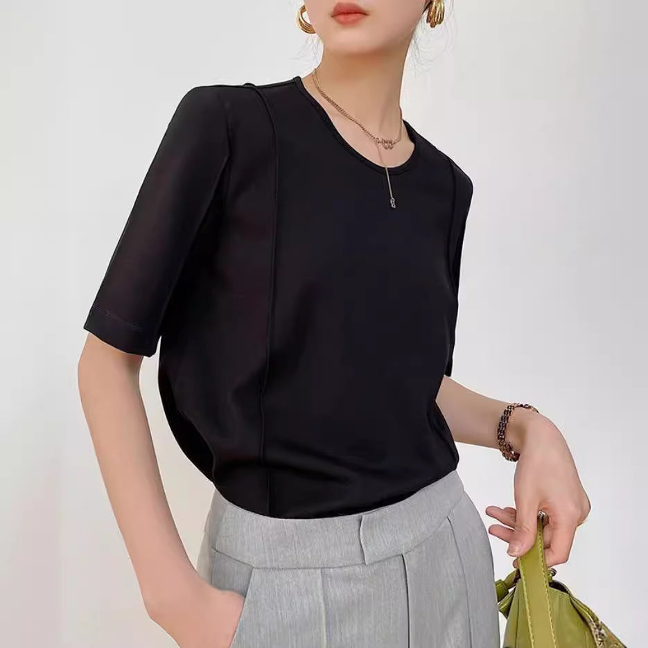 Solid Color Design Half Sleeve Round Neck T-shirt - Black / M