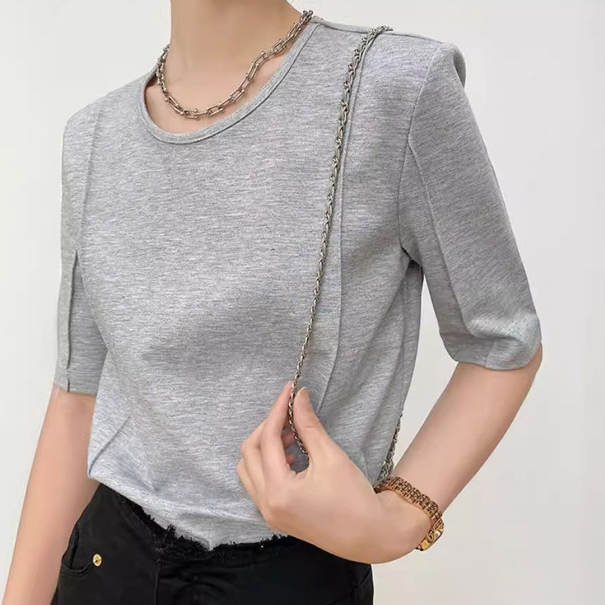 Solid Color Design Half Sleeve Round Neck T-shirt - Pure Gray / M