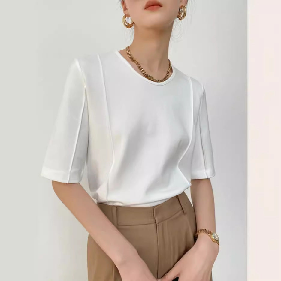 Solid Color Design Half Sleeve Round Neck T-shirt - White / M
