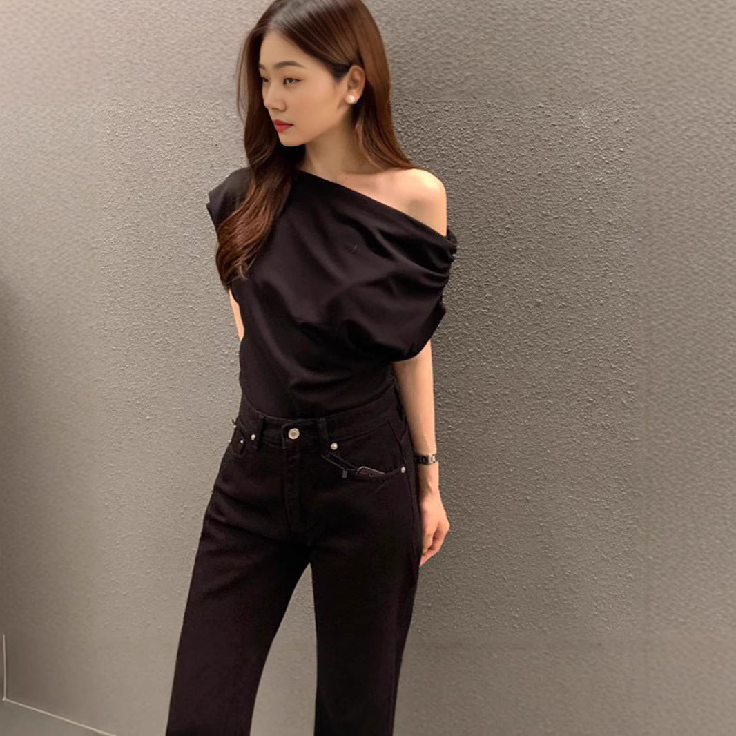 Irregular Shoulder Design Loose Solid Color Pullover Short Sleeve T-shirt - Black / Free Size