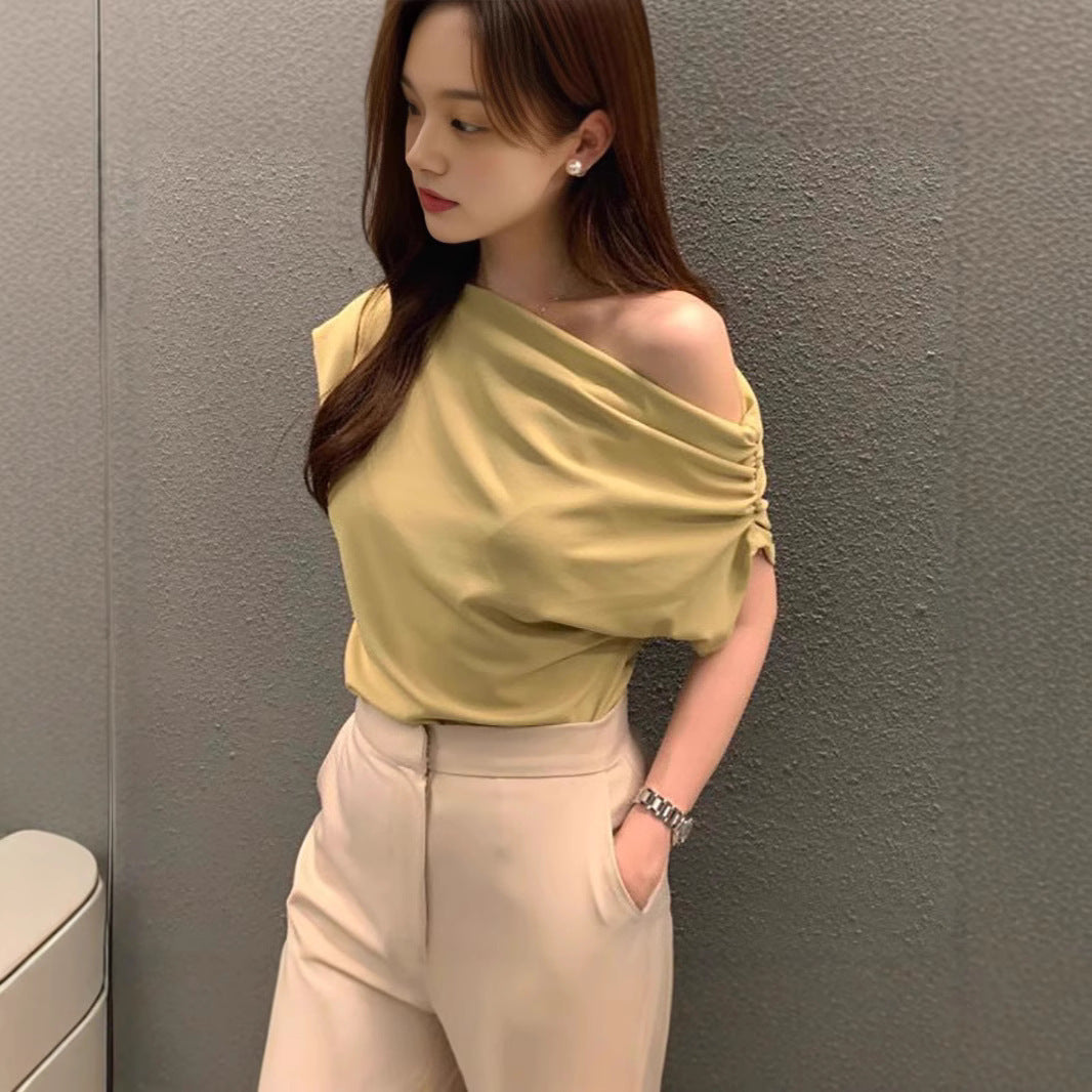 Irregular Shoulder Design Loose Solid Color Pullover Short Sleeve T-shirt - Khaki / Free Size