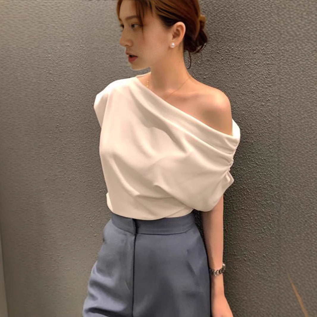 Irregular Shoulder Design Loose Solid Color Pullover Short Sleeve T-shirt - White / Free Size