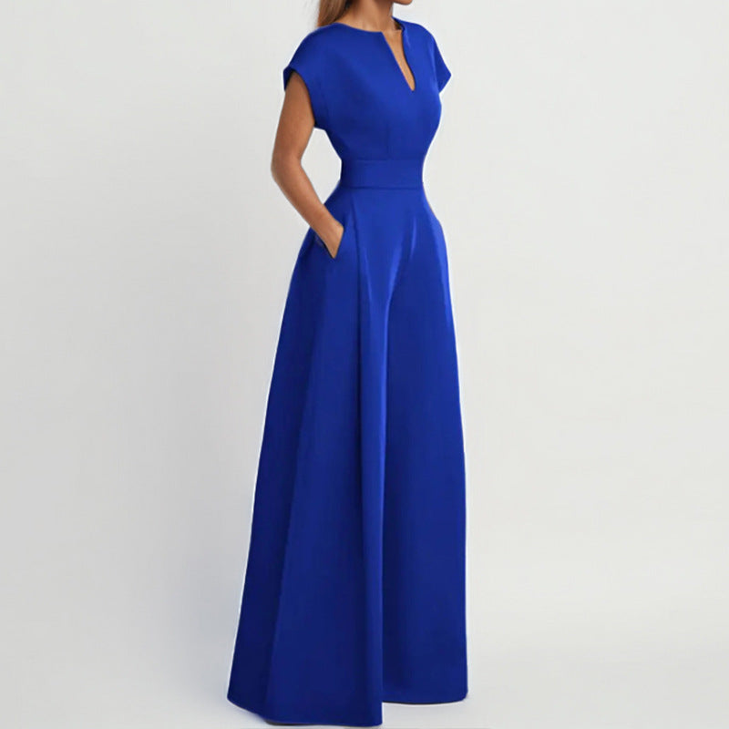 Women’s Elegant Solid Color And V-neck Sleeveless Waist Wide-leg Jumpsuit