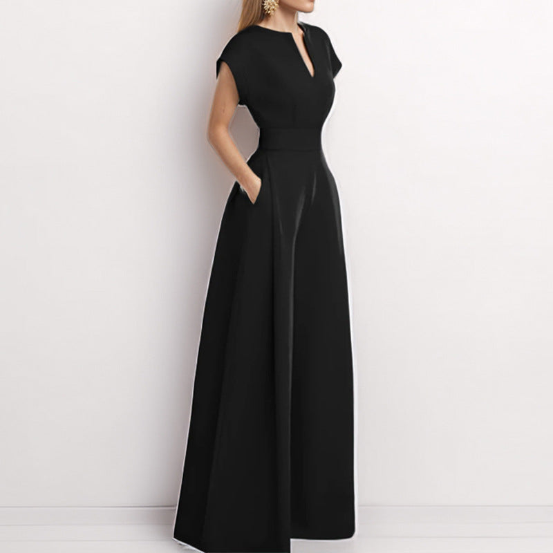 Women’s Elegant Solid Color And V-neck Sleeveless Waist Wide-leg Jumpsuit