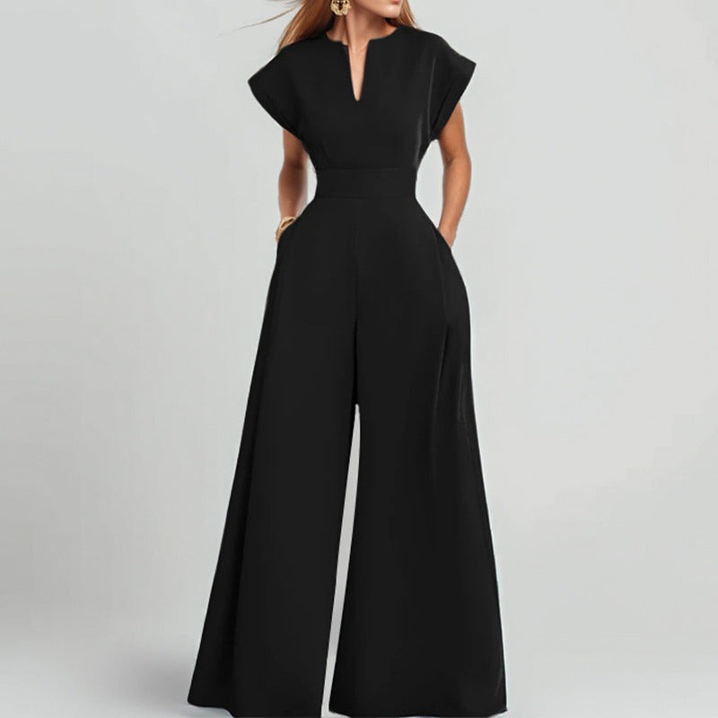 Women’s Elegant Solid Color And V-neck Sleeveless Waist Wide-leg Jumpsuit - S / Black