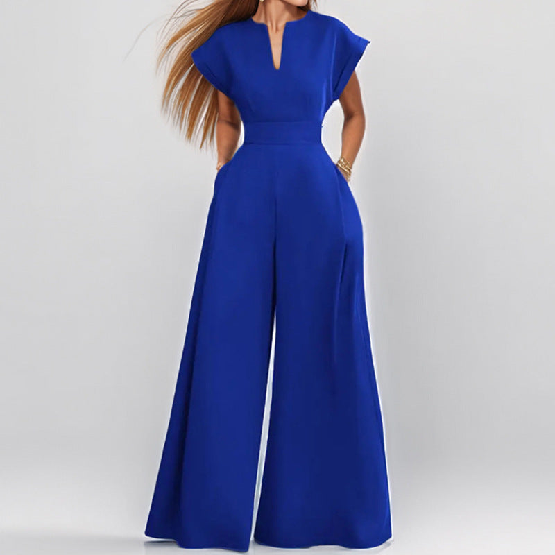 Women’s Elegant Solid Color And V-neck Sleeveless Waist Wide-leg Jumpsuit - S / Blue