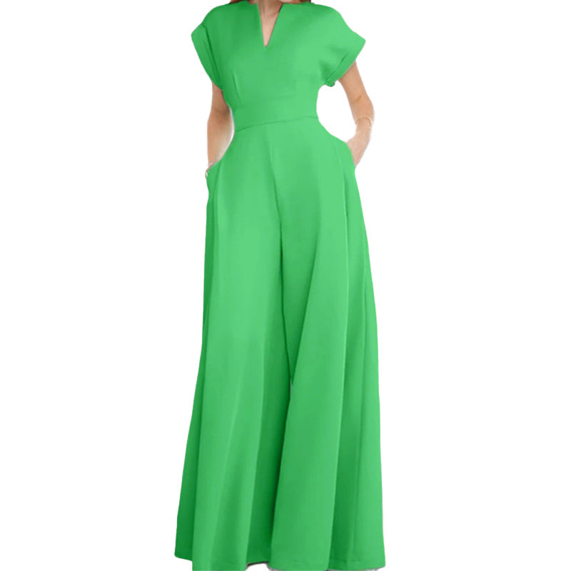 Women’s Elegant Solid Color And V-neck Sleeveless Waist Wide-leg Jumpsuit - S / Green