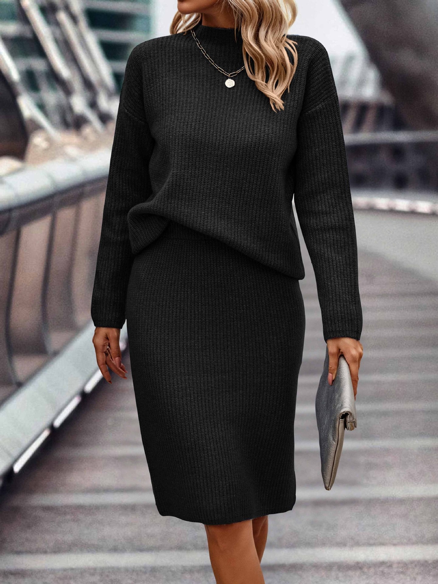 Sleek Solid Color Style Navy Blue Long Sleeve Set - Black / S