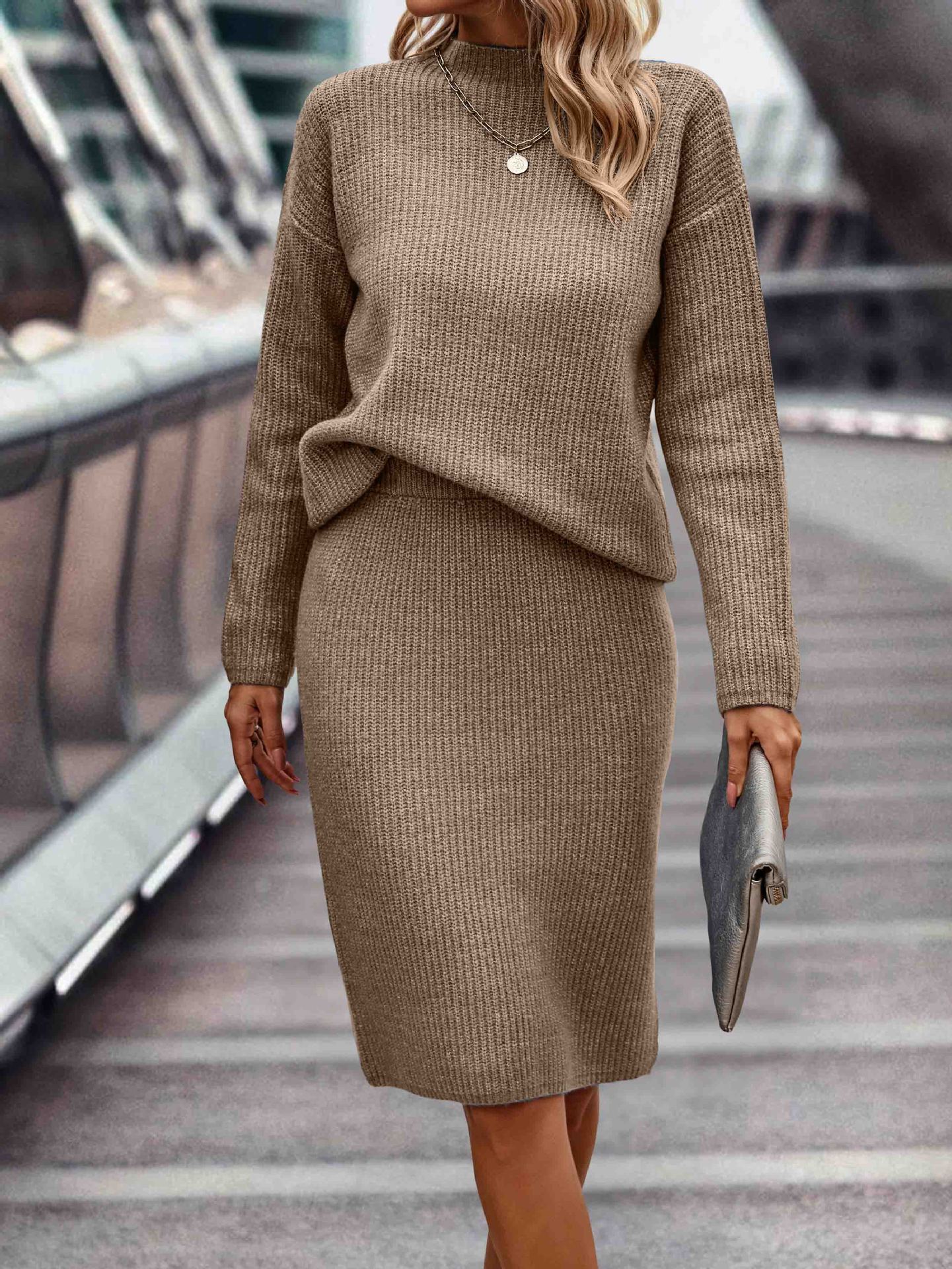 Sleek Solid Color Style Navy Blue Long Sleeve Set - Khaki / S