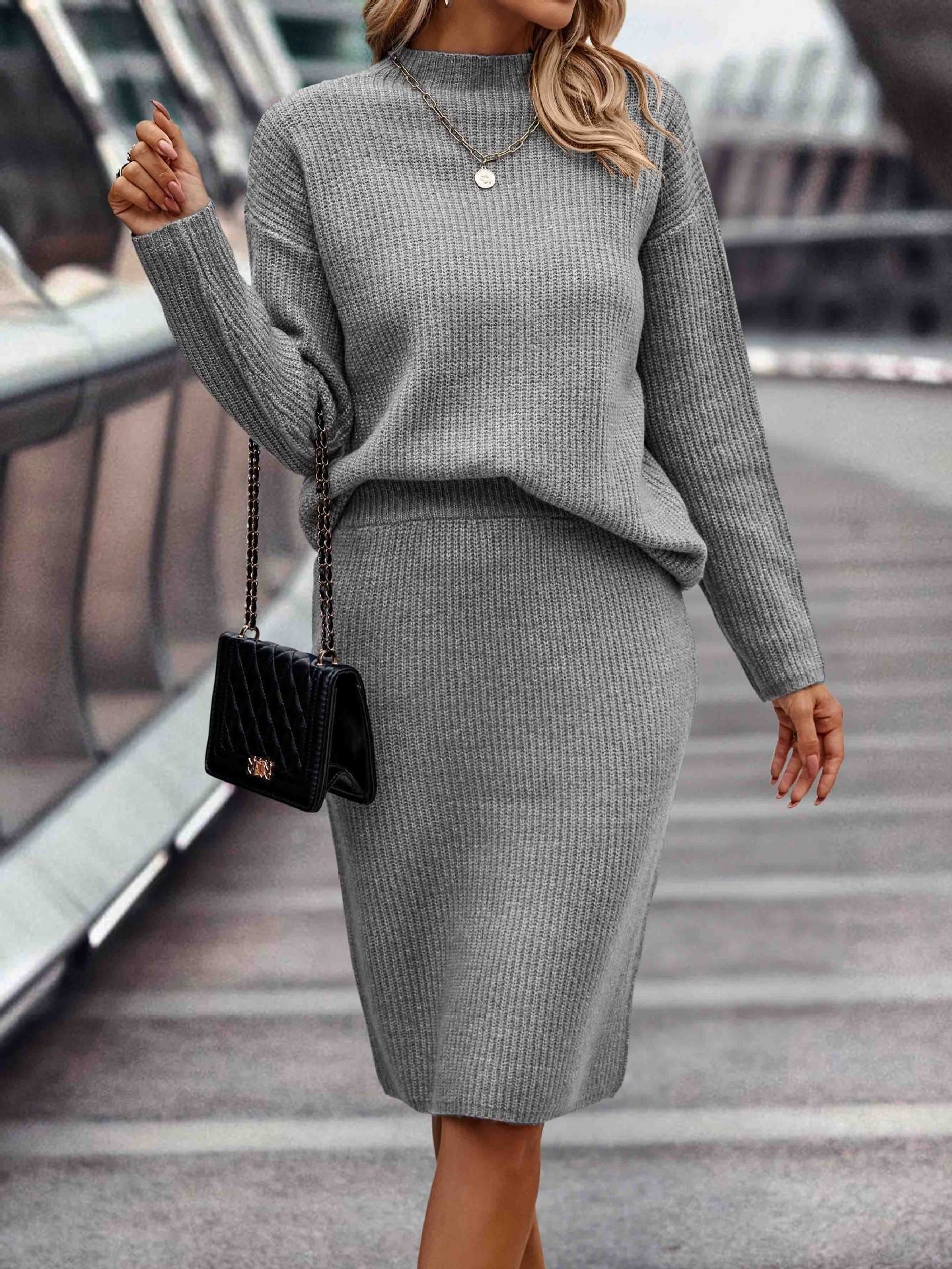 Sleek Solid Color Style Navy Blue Long Sleeve Set - Light Gray / S
