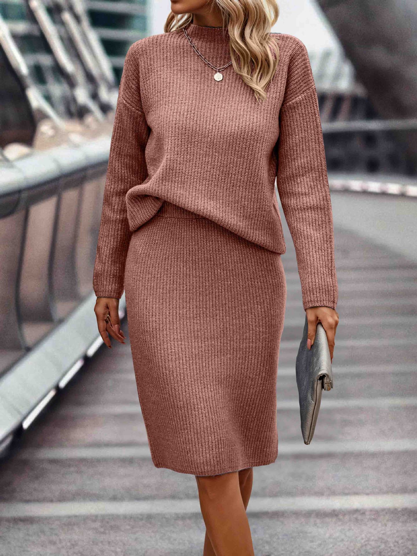 Sleek Solid Color Style Navy Blue Long Sleeve Set - Pink / S