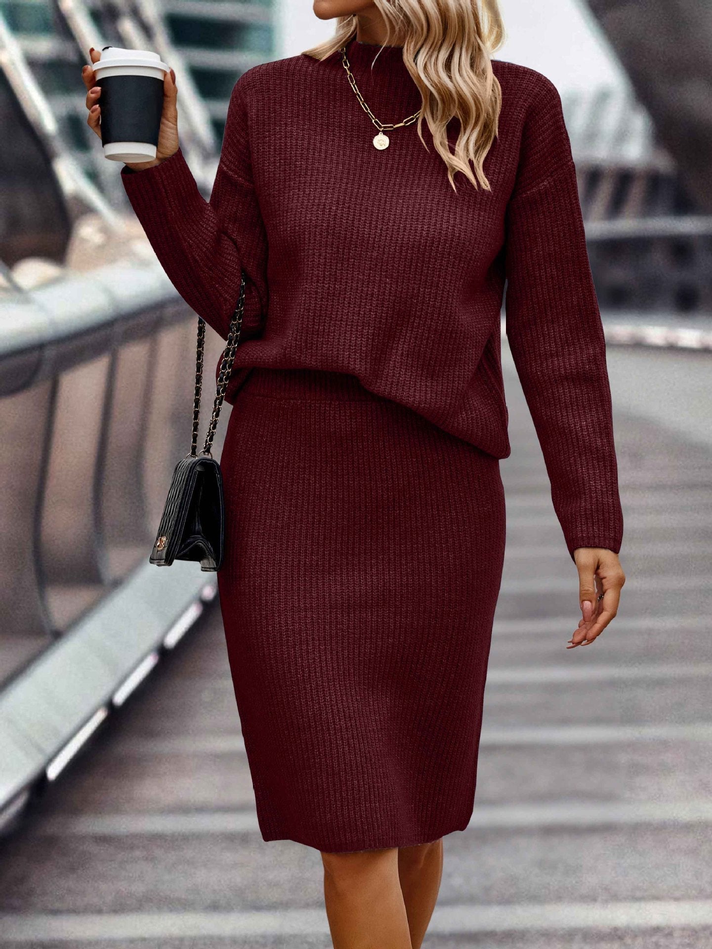 Sleek Solid Color Style Navy Blue Long Sleeve Set - Wine Red / S