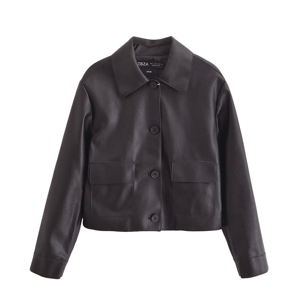 All-matching Western Style Classic Black Leather Short Long Sleeve Jacket - Black / XS