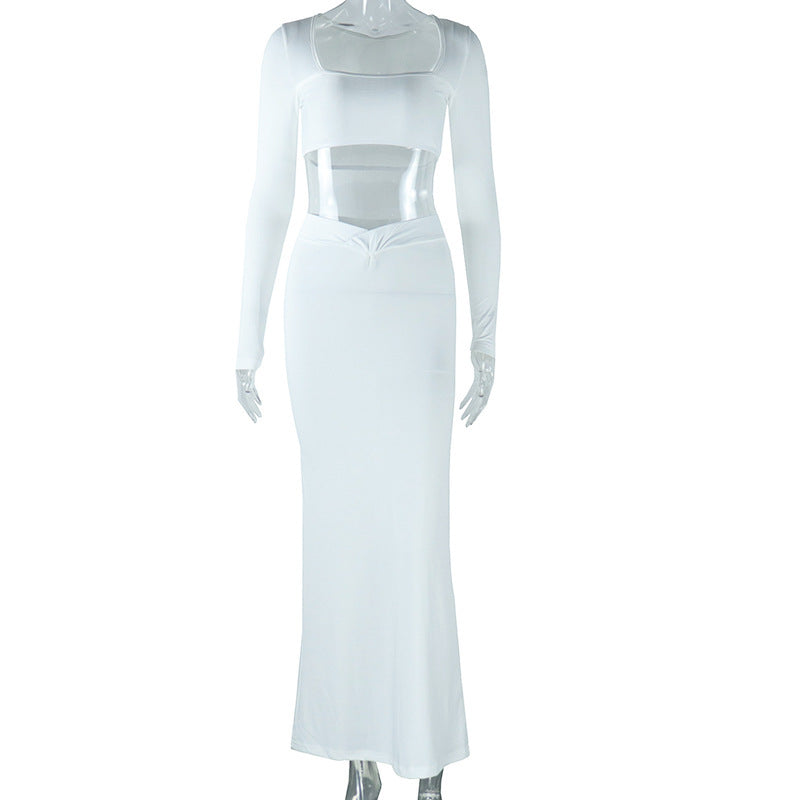 Wrapped Chest Square Collar Long Sleeve Navel Skirt - Beige / S