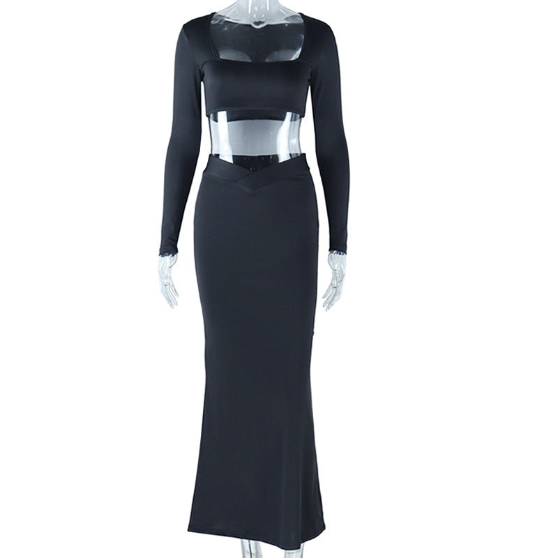 Wrapped Chest Square Collar Long Sleeve Navel Skirt - Black / S