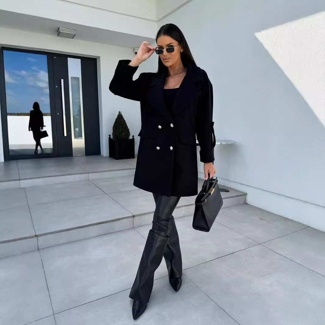 Winter Solid Color Fashion All-match Double-breasted Woolen Coat Women’s Clothing