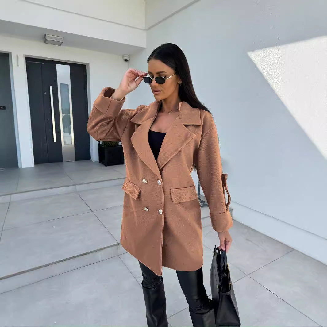 Winter Solid Color Fashion All-match Double-breasted Woolen Coat Women’s Clothing