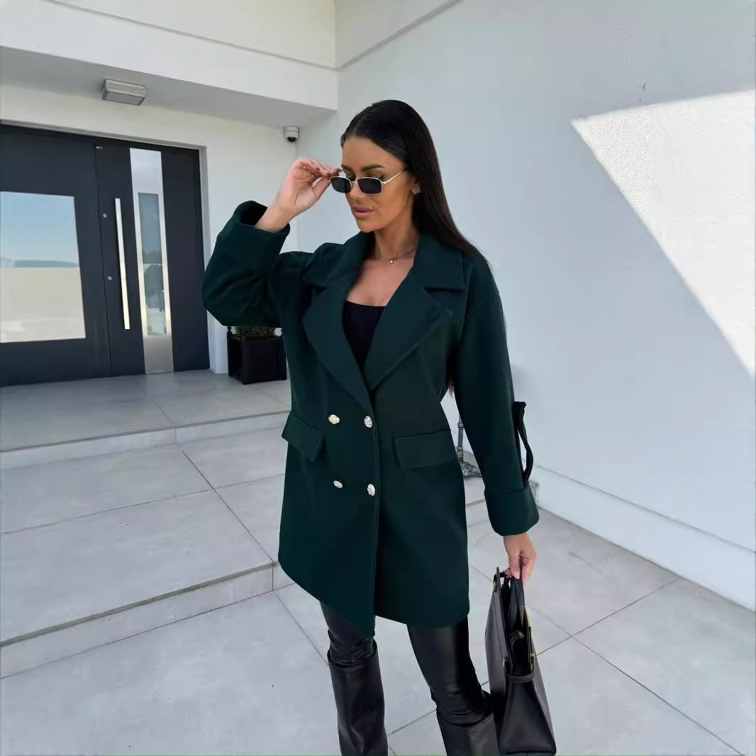 Winter Solid Color Fashion All-match Double-breasted Woolen Coat Women’s Clothing