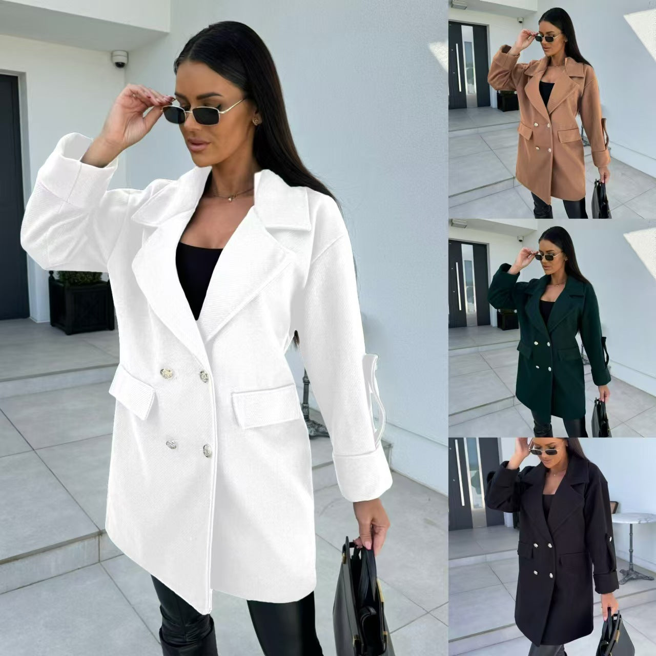 Winter Solid Color Fashion All-match Double-breasted Woolen Coat Women’s Clothing