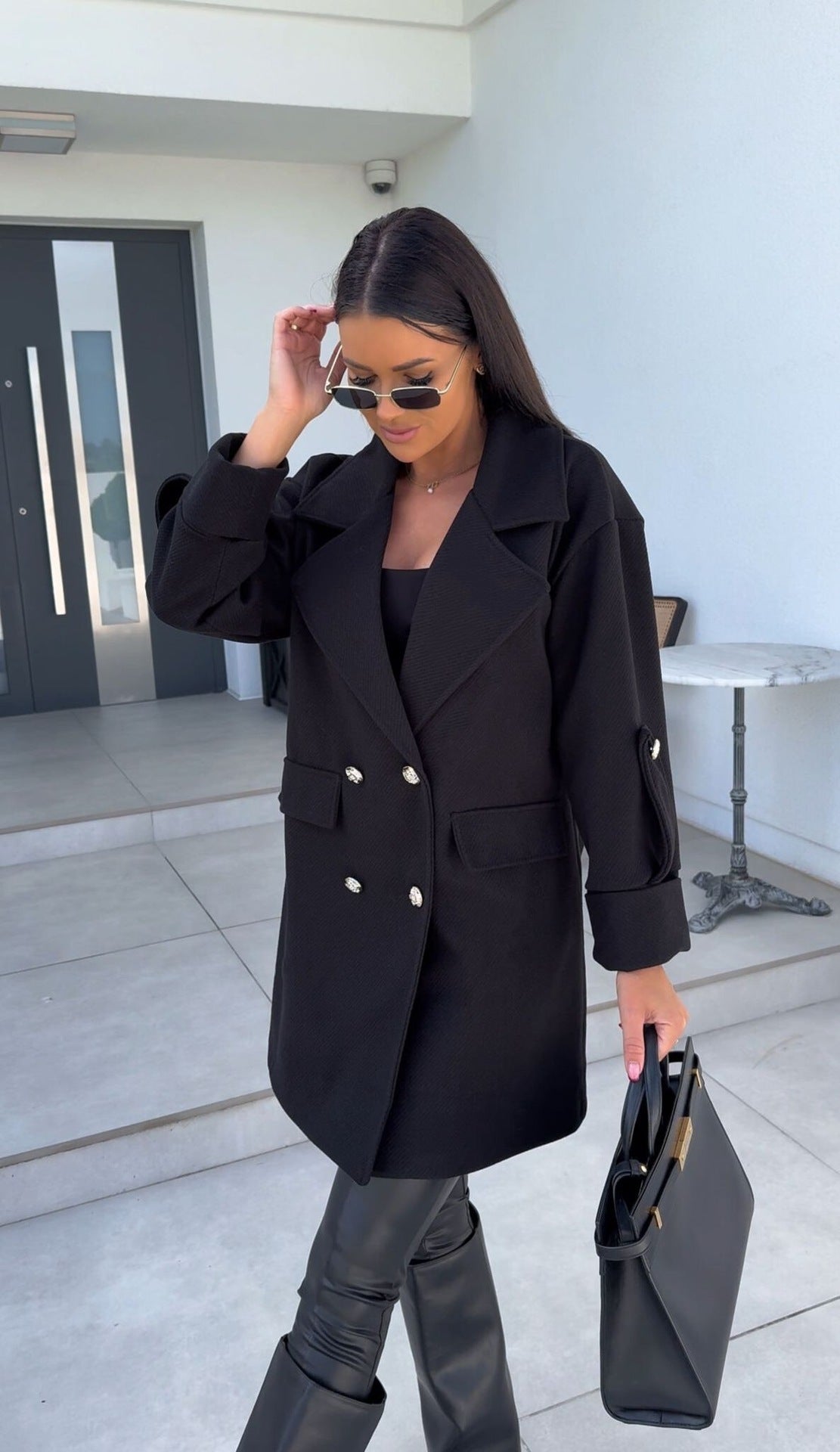 Winter Solid Color Fashion All-match Double-breasted Woolen Coat Women’s Clothing - Black / S