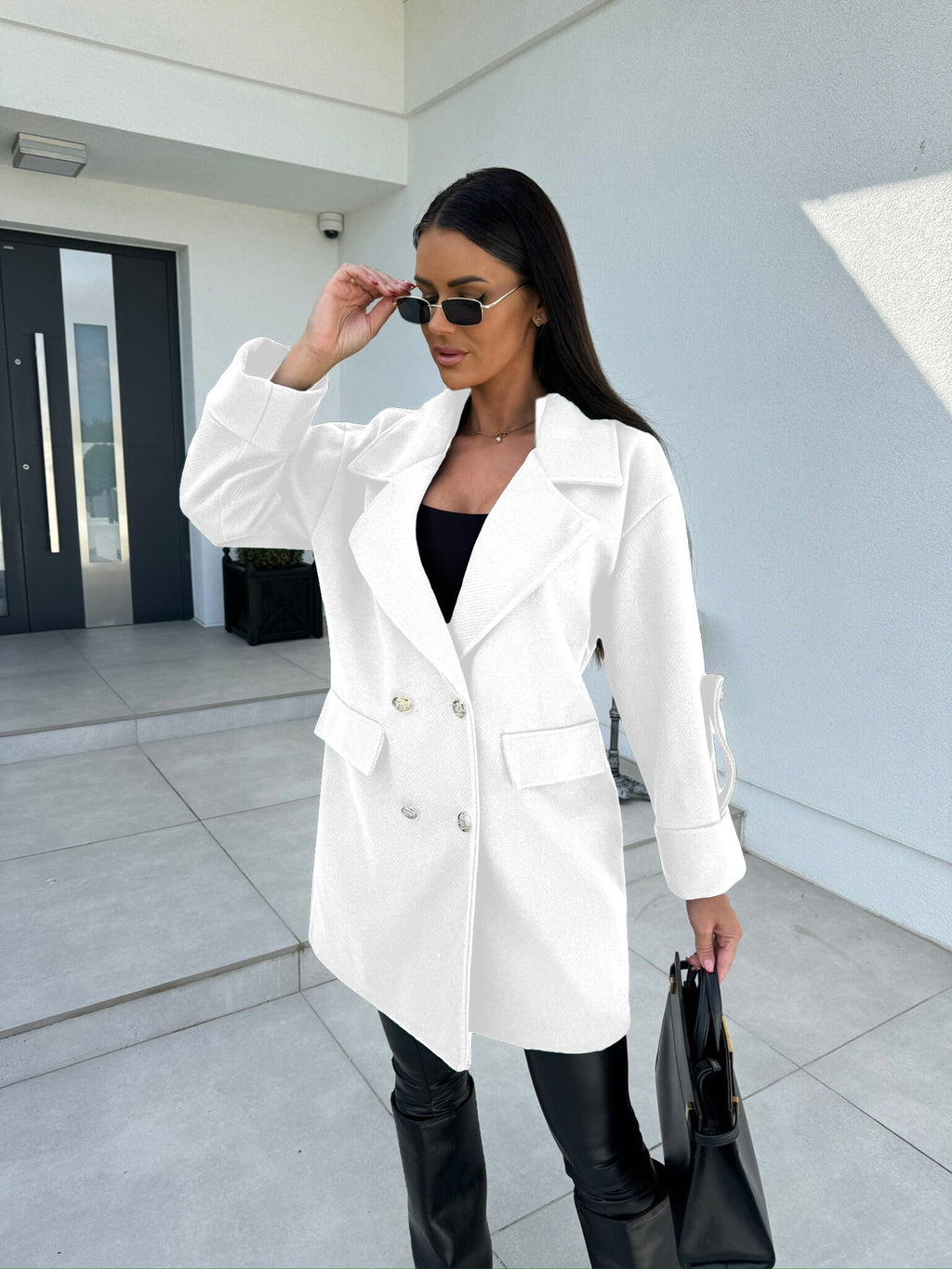 Winter Solid Color Fashion All-match Double-breasted Woolen Coat Women’s Clothing - White / S