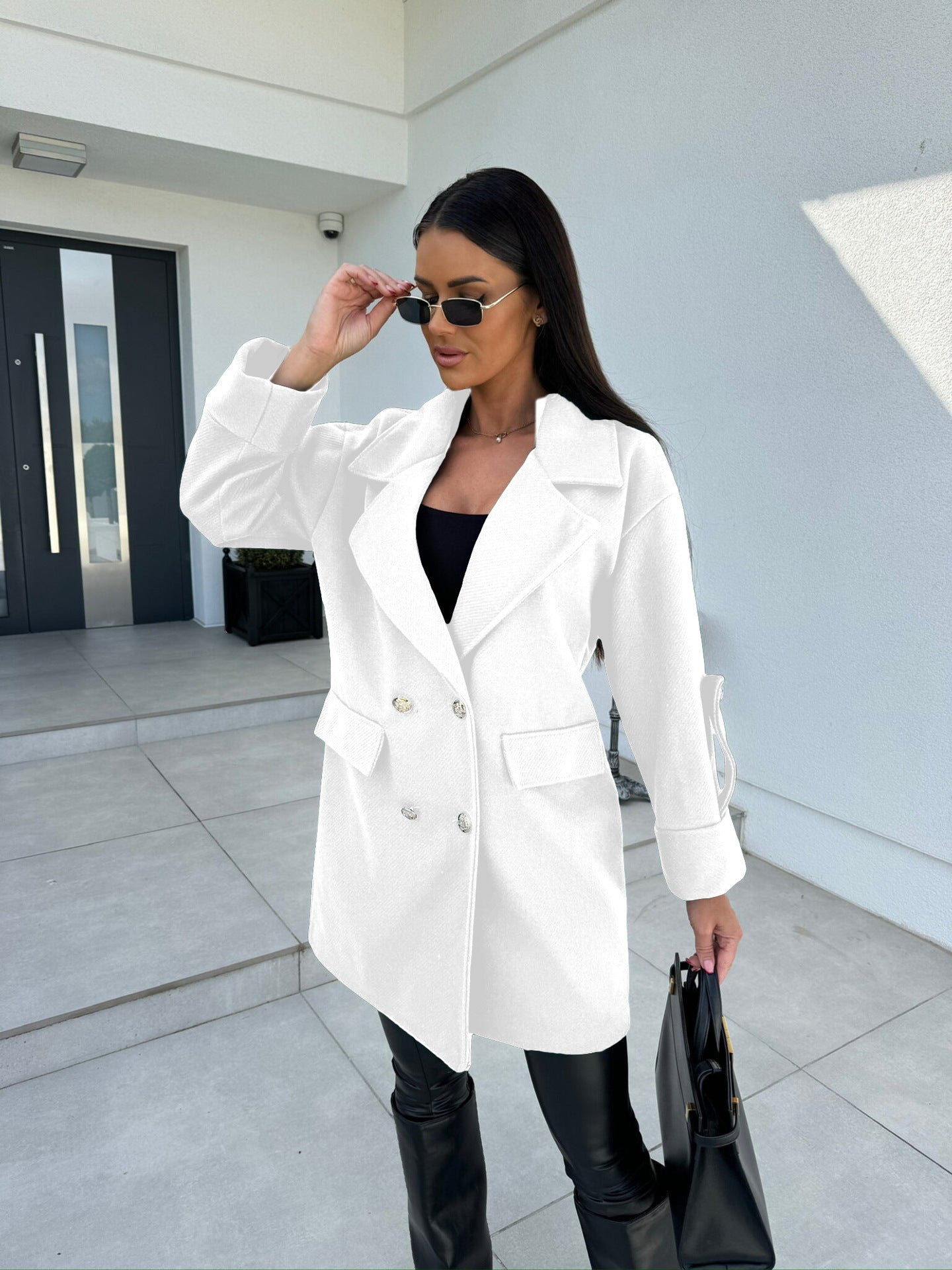 Winter Solid Color Fashion All-match Double-breasted Woolen Coat Women’s Clothing - White / S