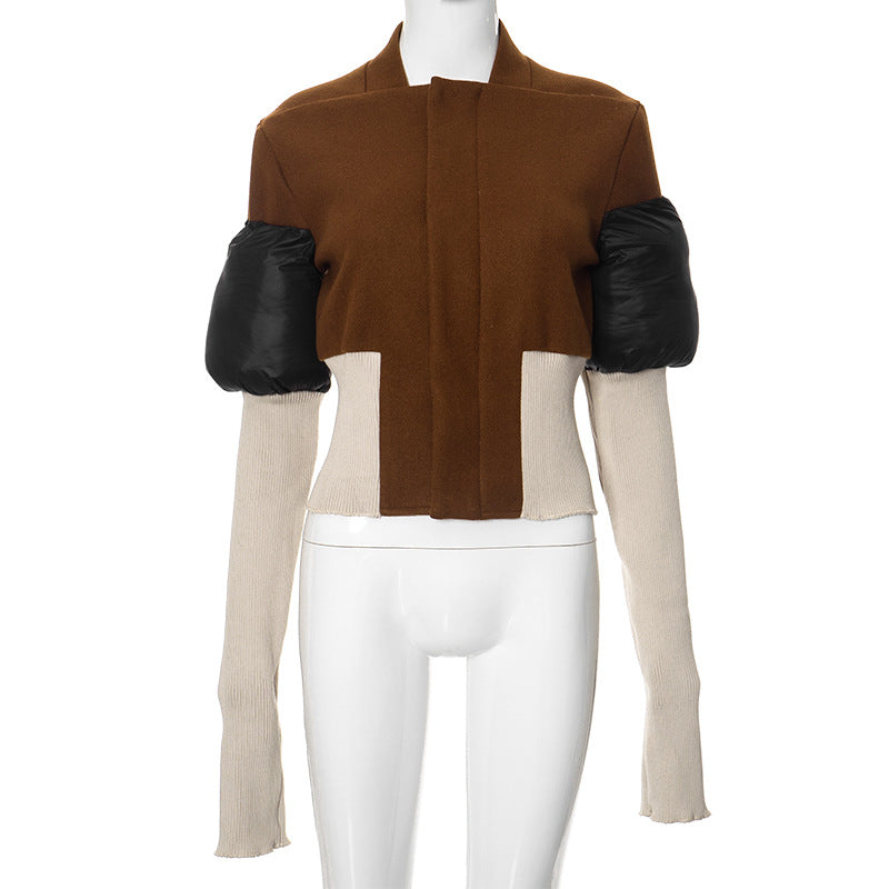 Autumn And Winter New Contrast Color Stand-up Collar Zipper Cardigan Outerwear - Brown / S