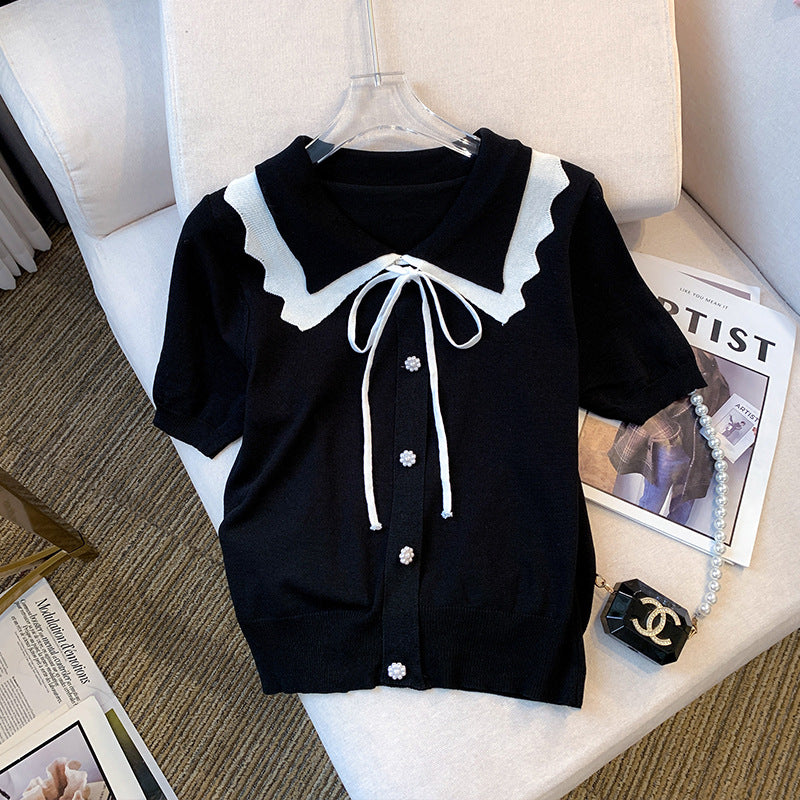 Women’s Design Short Sleeve Bow T-shirt - Black / Free Size