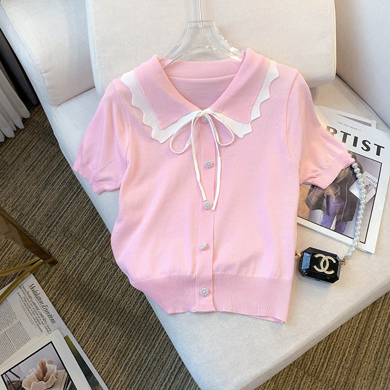 Women’s Design Short Sleeve Bow T-shirt - Pink / Free Size