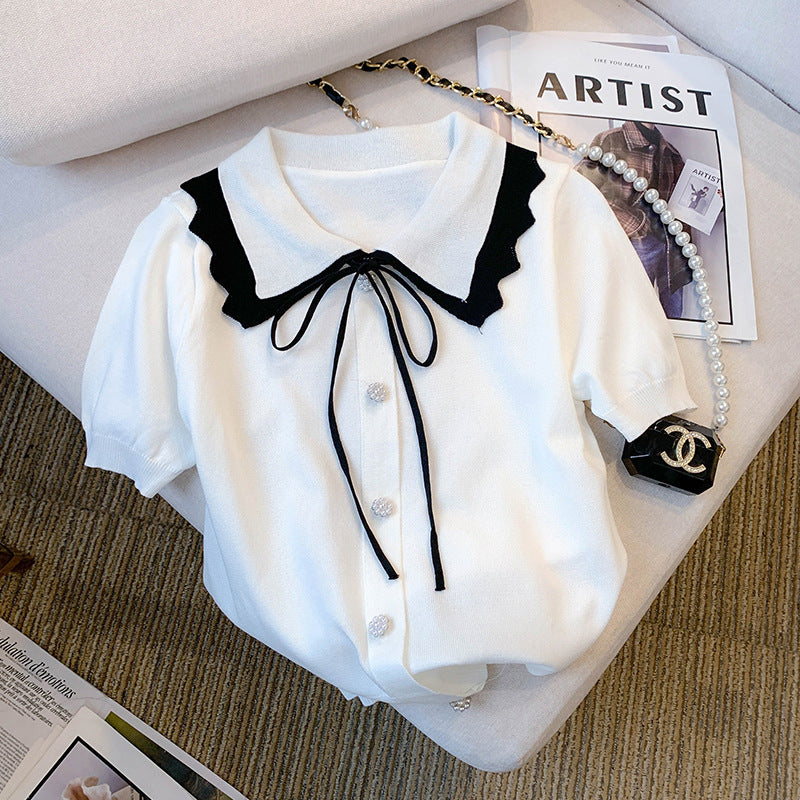 Women’s Design Short Sleeve Bow T-shirt - White / Free Size