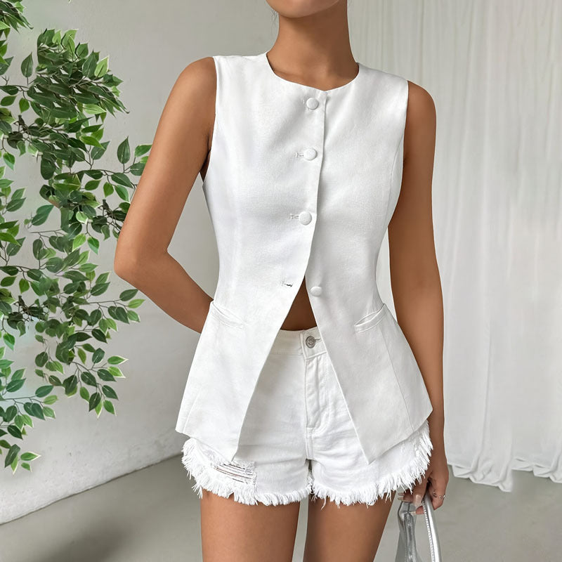 Sleeveless Button Round Neck Elegant Vest - White / S