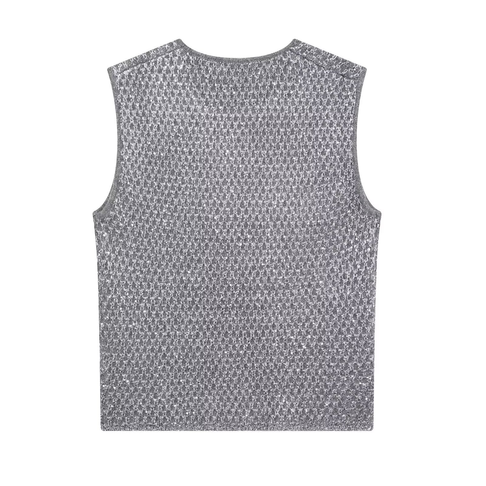 European And American Women’s Beads Decoration Metallic Yarn Knitted Top