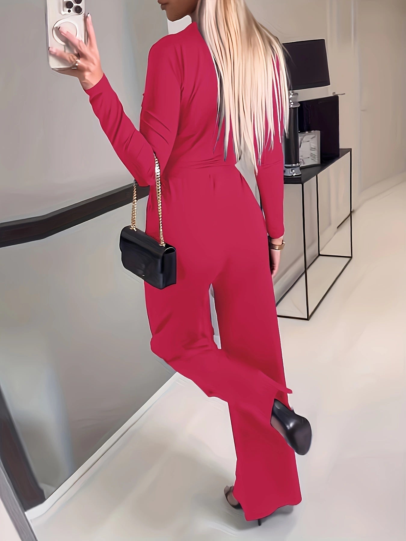 Women’s Solid V-neck Bow Tie Waist Slimming Fashion Jumpsuit - 5