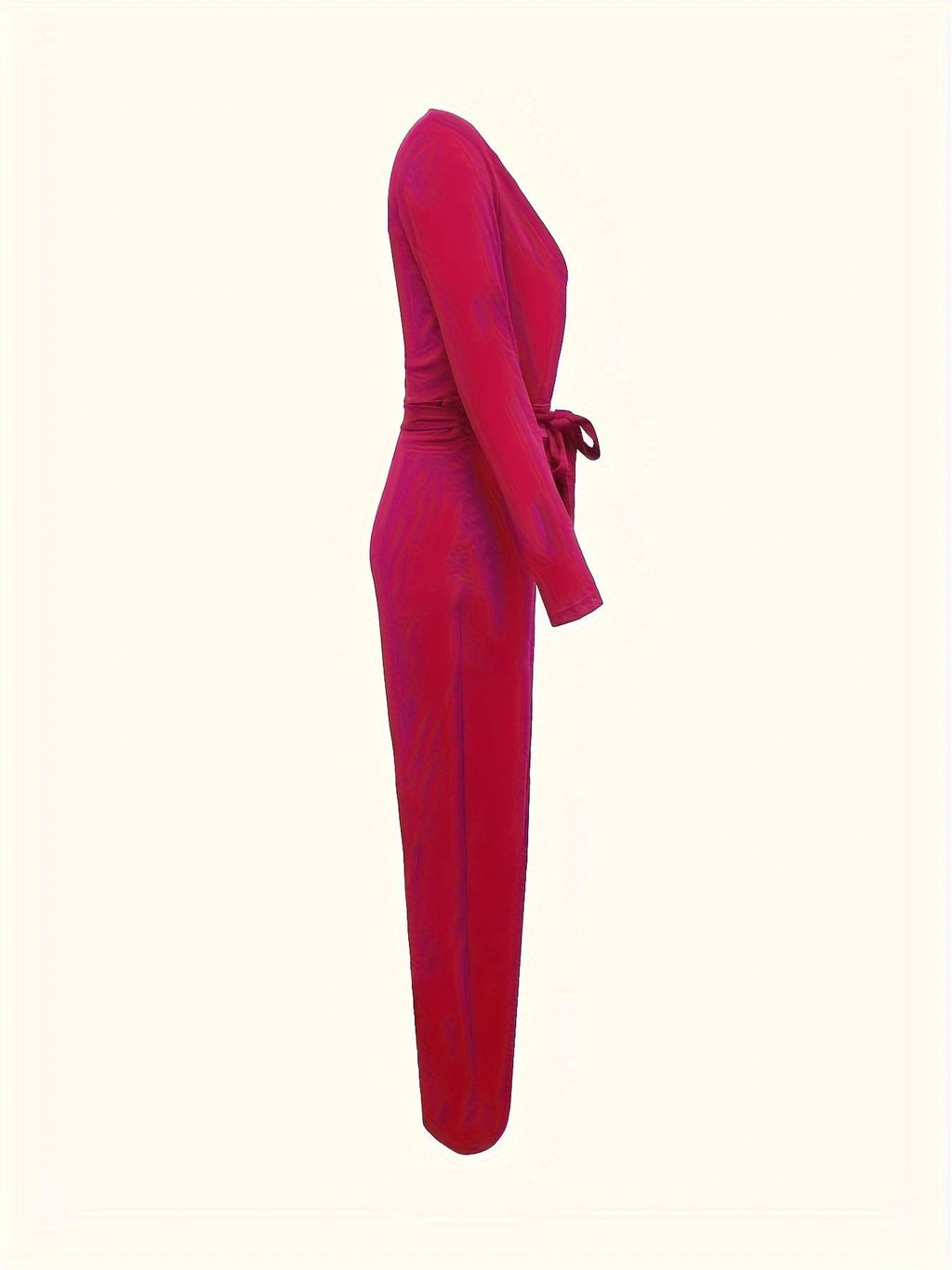 Women’s Solid V-neck Bow Tie Waist Slimming Fashion Jumpsuit - 5