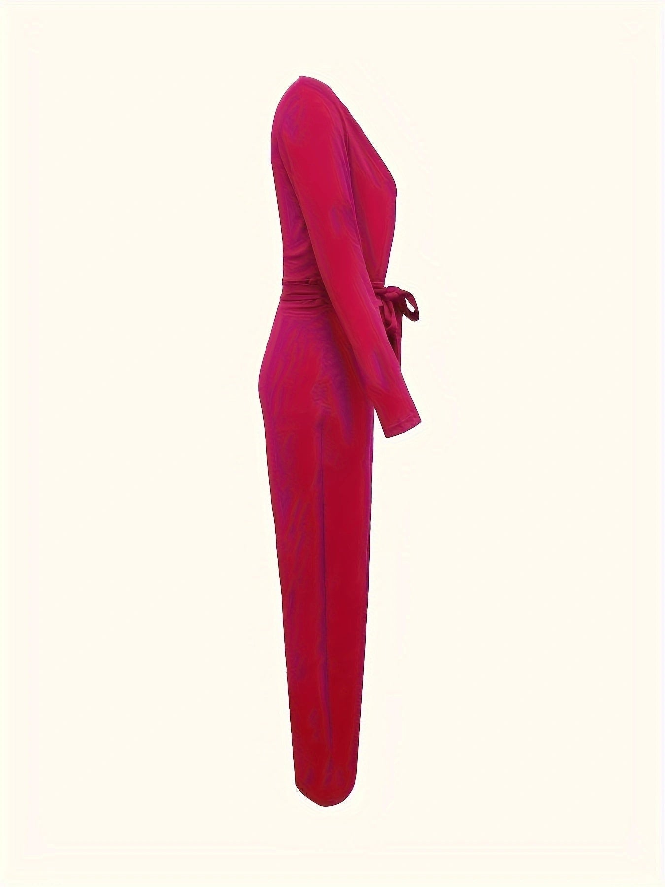Women’s Solid V-neck Bow Tie Waist Slimming Fashion Jumpsuit - 5