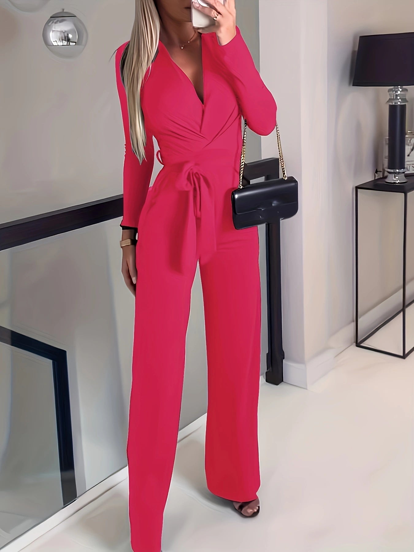 Women’s Solid V-neck Bow Tie Waist Slimming Fashion Jumpsuit - 5
