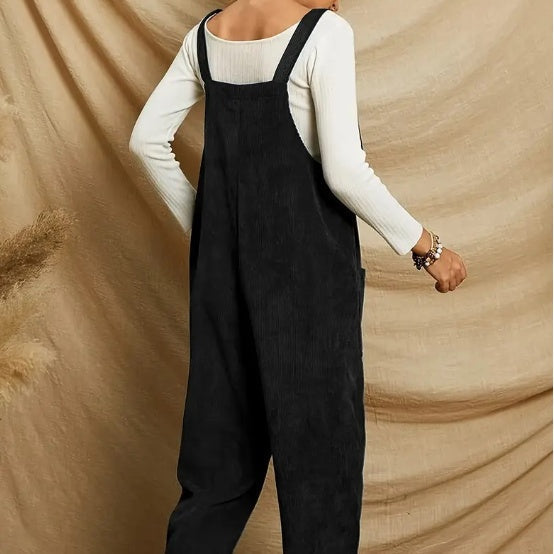 Women’s Corduroy Solid Color Casual Long Jumpsuit Basic Style Pocket Strap Adjustable Overalls - 5