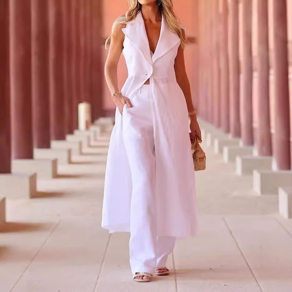 Women’s Suit Fall Lapels Sleeveless Solid Color Two-piece Set
