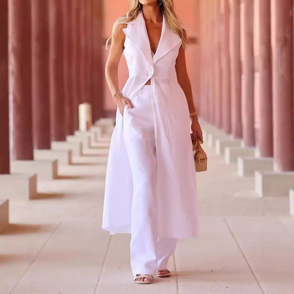 Women’s Suit Fall Lapels Sleeveless Solid Color Two-piece Set